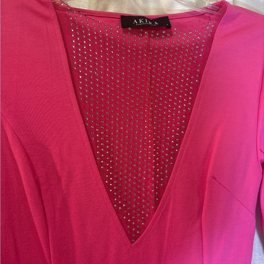 AKIRA Hot Pink Feather Rhinestone Mini Dress S Slit Party Cocktail - Picture 4 of 13